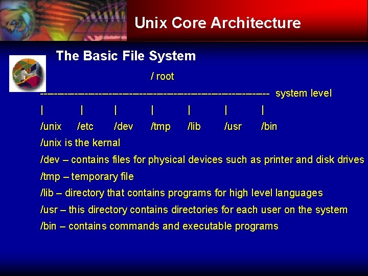 Unix Core Architecture The Basic File System / root ---------------------------------- system level | |