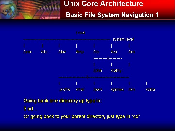 Unix Core Architecture Basic File System Navigation 1 / root ---------------------------------- system level |
