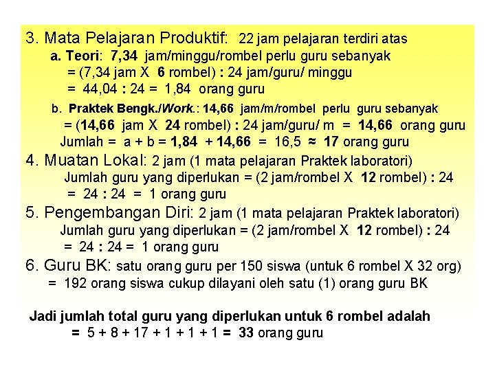 3. Mata Pelajaran Produktif: 22 jam pelajaran terdiri atas a. Teori: 7, 34 jam/minggu/rombel