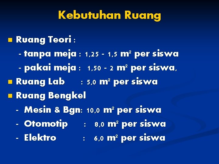 Kebutuhan Ruang Teori : - tanpa meja : 1, 25 - 1, 5 m²