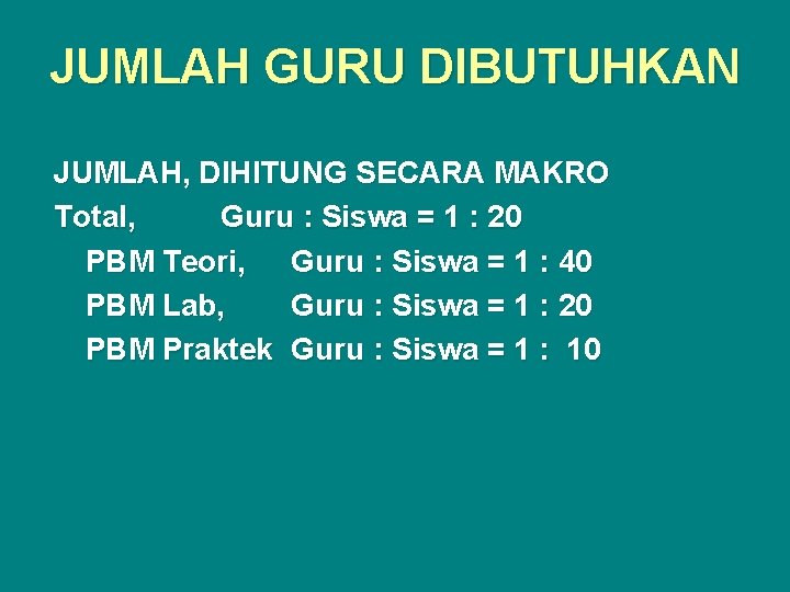 JUMLAH GURU DIBUTUHKAN JUMLAH, DIHITUNG SECARA MAKRO Total, Guru : Siswa = 1 :