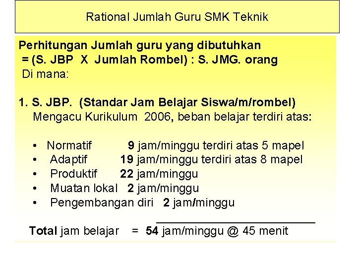 Rational Jumlah Guru SMK Teknik Perhitungan Jumlah guru yang dibutuhkan = (S. JBP X