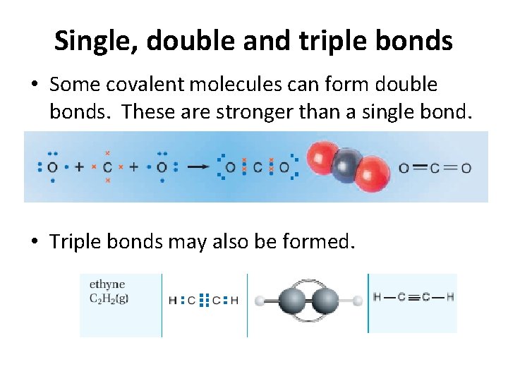 Single, double and triple bonds • Some covalent molecules can form double bonds. These