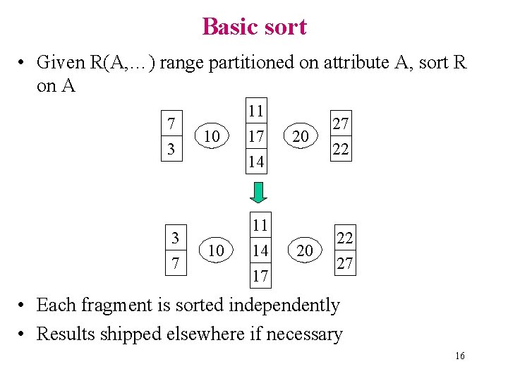 Basic sort • Given R(A, …) range partitioned on attribute A, sort R on