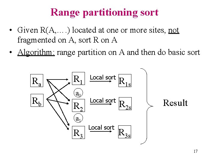 Range partitioning sort • Given R(A, …. ) located at one or more sites,