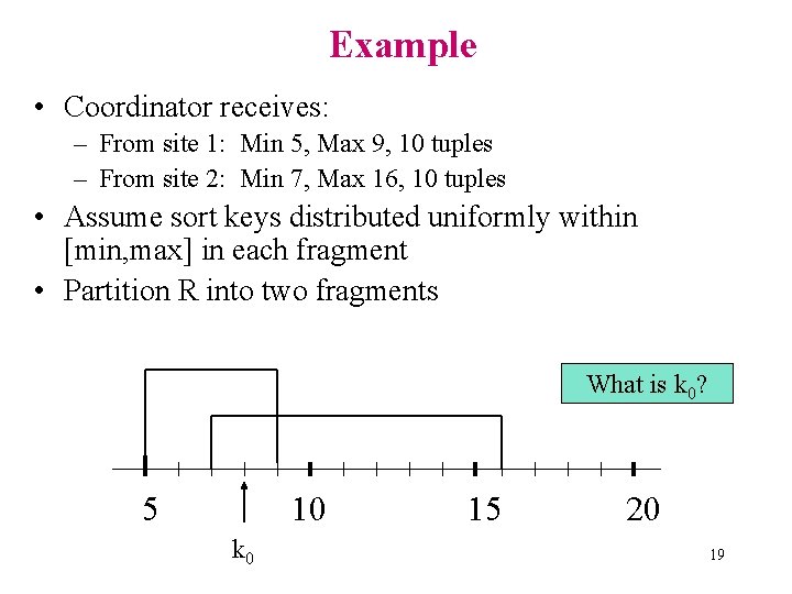 Example • Coordinator receives: – From site 1: Min 5, Max 9, 10 tuples