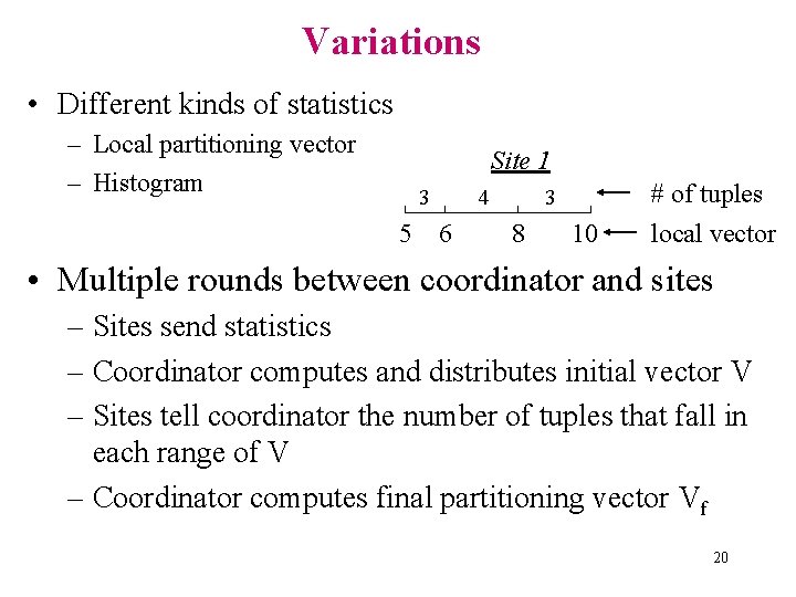 Variations • Different kinds of statistics – Local partitioning vector – Histogram Site 1