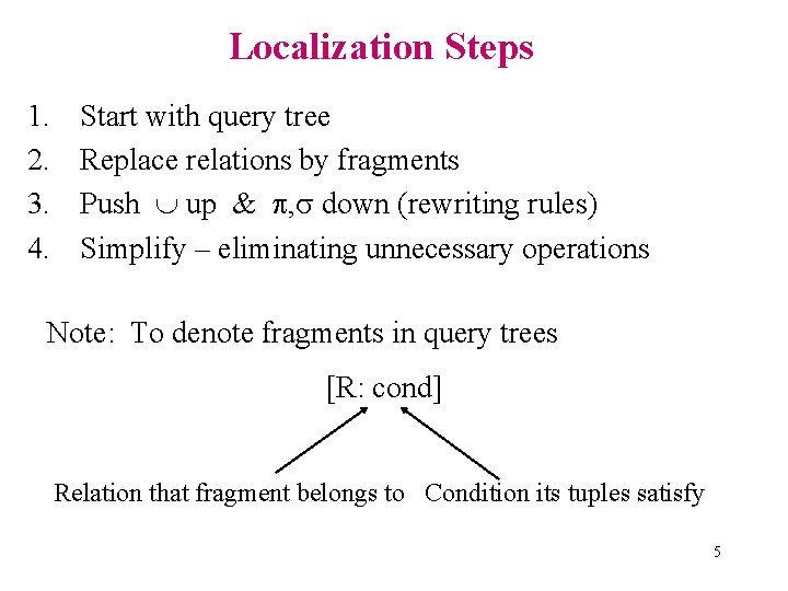 Localization Steps 1. 2. 3. 4. Start with query tree Replace relations by fragments