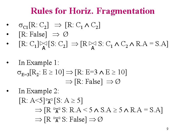 Rules for Horiz. Fragmentation • • • C 1[R: C 2] [R: C 1