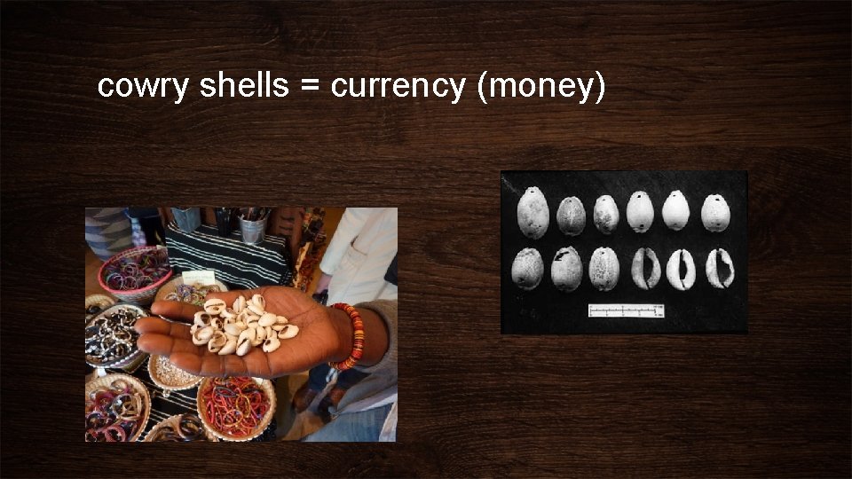 cowry shells = currency (money) 