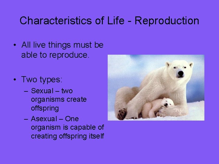 Characteristics of Life - Reproduction • All live things must be able to reproduce.