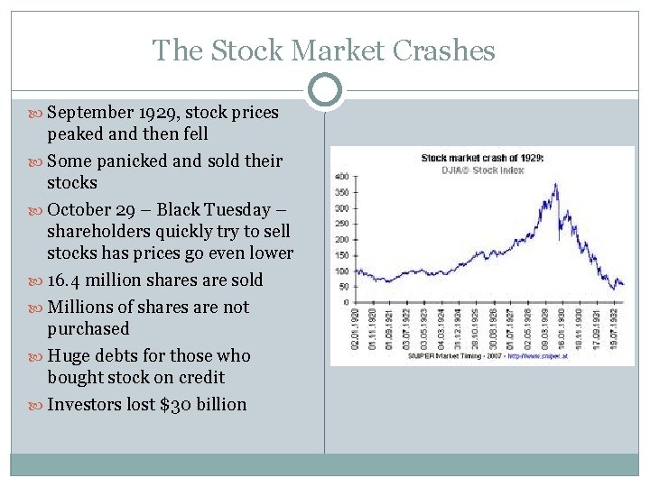 The Stock Market Crashes September 1929, stock prices peaked and then fell Some panicked
