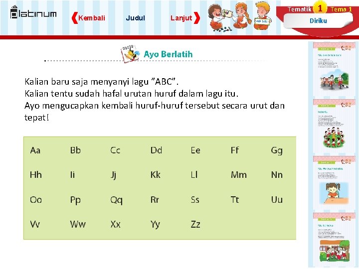 Tematik Kembali Judul Lanjut Kalian baru saja menyanyi lagu ”ABC”. Kalian tentu sudah hafal Tematik Kembali Judul Lanjut Kalian baru saja menyanyi lagu ”ABC”. Kalian tentu sudah hafal