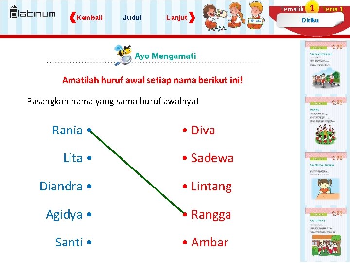 Tematik Kembali Judul Lanjut Amatilah huruf awal setiap nama berikut ini! Pasangkan nama yang Tematik Kembali Judul Lanjut Amatilah huruf awal setiap nama berikut ini! Pasangkan nama yang