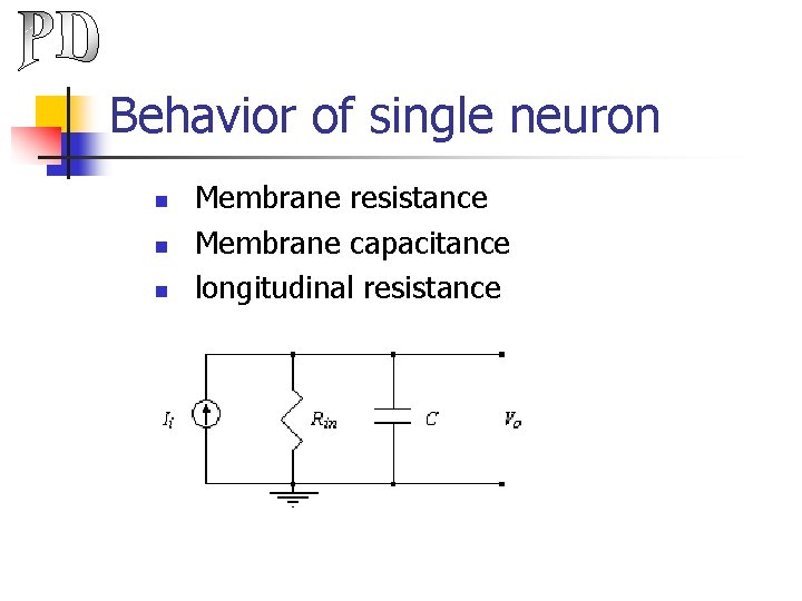 Behavior of single neuron n Membrane resistance Membrane capacitance longitudinal resistance 