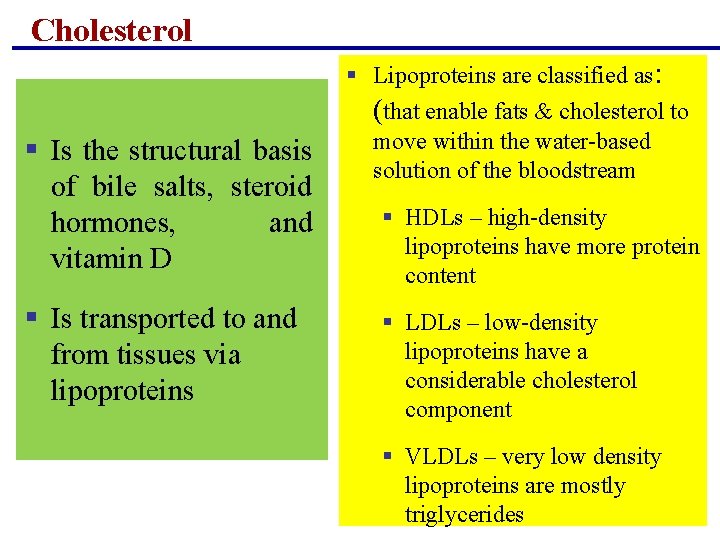 Cholesterol § Is the structural basis of bile salts, steroid hormones, and vitamin D Cholesterol § Is the structural basis of bile salts, steroid hormones, and vitamin D