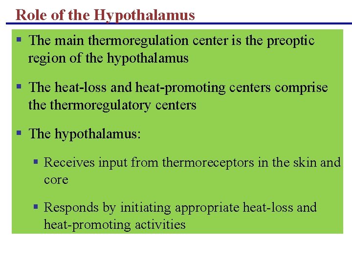 Role of the Hypothalamus § The main thermoregulation center is the preoptic region of Role of the Hypothalamus § The main thermoregulation center is the preoptic region of