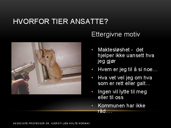 HVORFOR TIER ANSATTE? Ettergivne motiv • Maktesløshet - det hjelper ikke uansett hva jeg