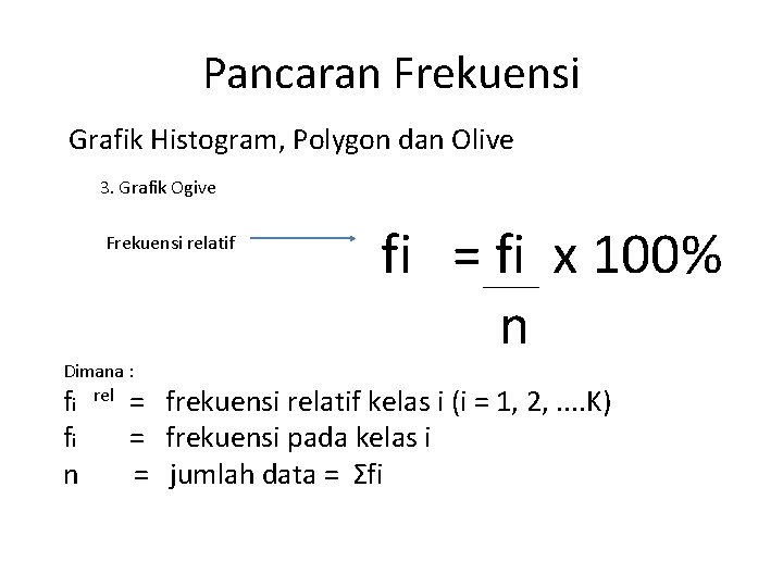 Pancaran Frekuensi Grafik Histogram, Polygon dan Olive 3. Grafik Ogive Frekuensi relatif Dimana :