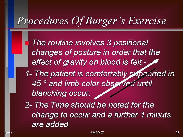 Procedures Of Burger’s Exercise The routine involves 3 positional changes of posture in order