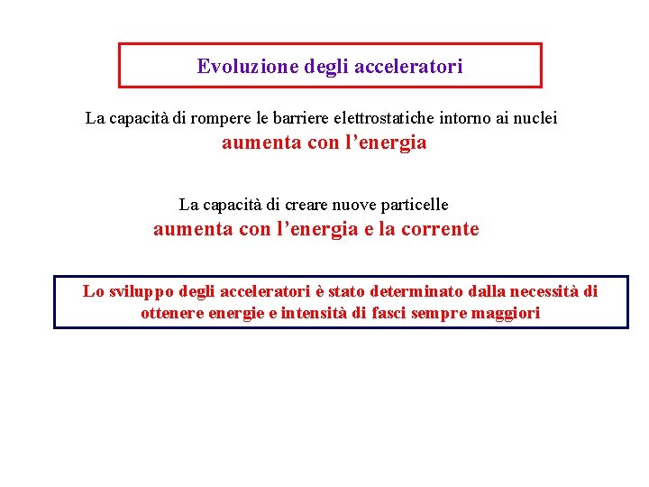 Evoluzione degli acceleratori La capacità di rompere le barriere elettrostatiche intorno ai nuclei aumenta