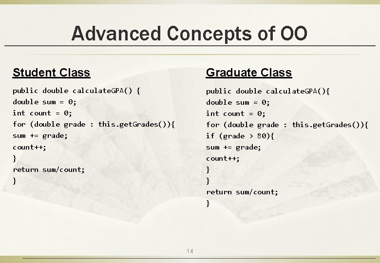 Advanced Concepts of OO Student Class Graduate Class public double calculate. GPA() { double