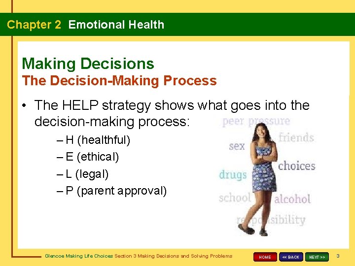 Chapter 2 Emotional Health Making Decisions The Decision-Making Process • The HELP strategy shows