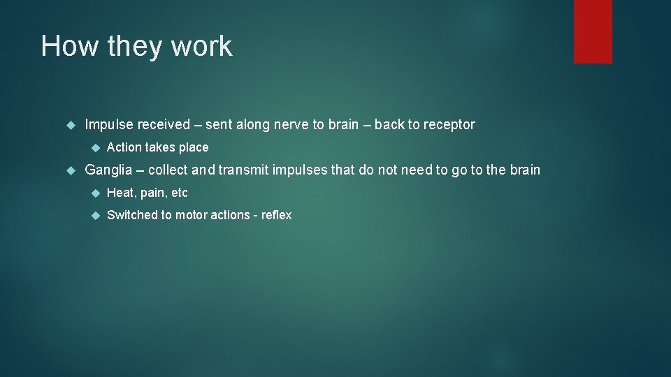 How they work Impulse received – sent along nerve to brain – back to