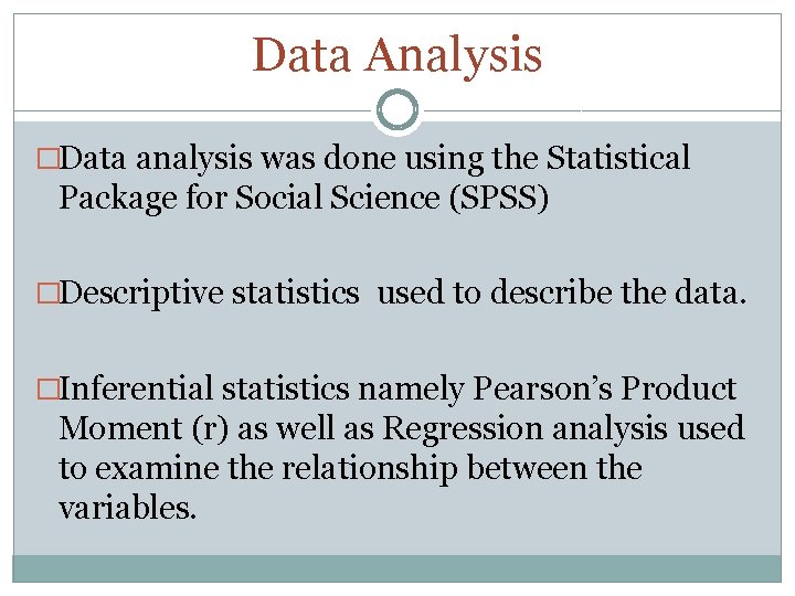 Data Analysis �Data analysis was done using the Statistical Package for Social Science (SPSS)