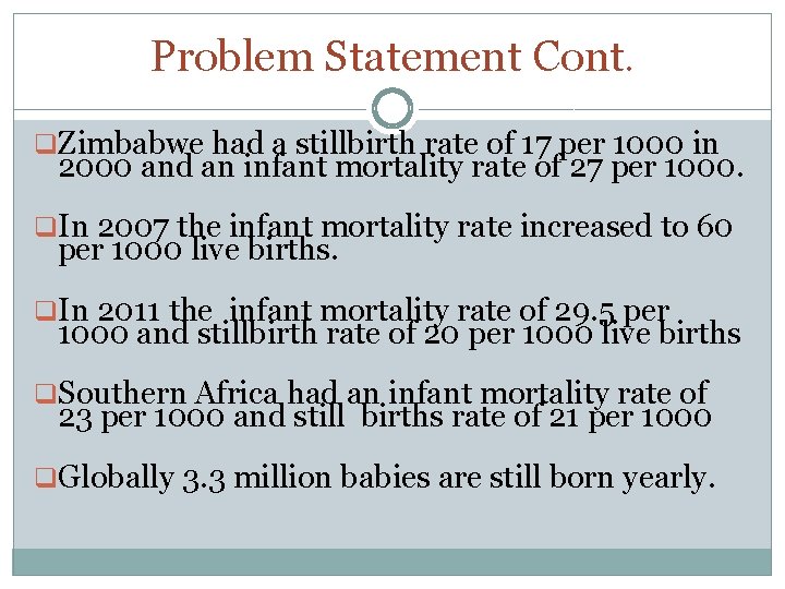 Problem Statement Cont. q. Zimbabwe had a stillbirth rate of 17 per 1000 in