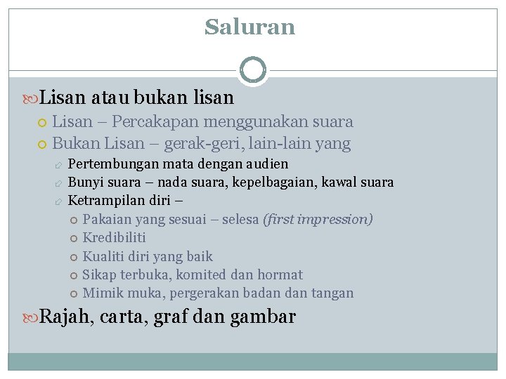 Saluran Lisan atau bukan lisan Lisan – Percakapan menggunakan suara Bukan Lisan – gerak-geri,