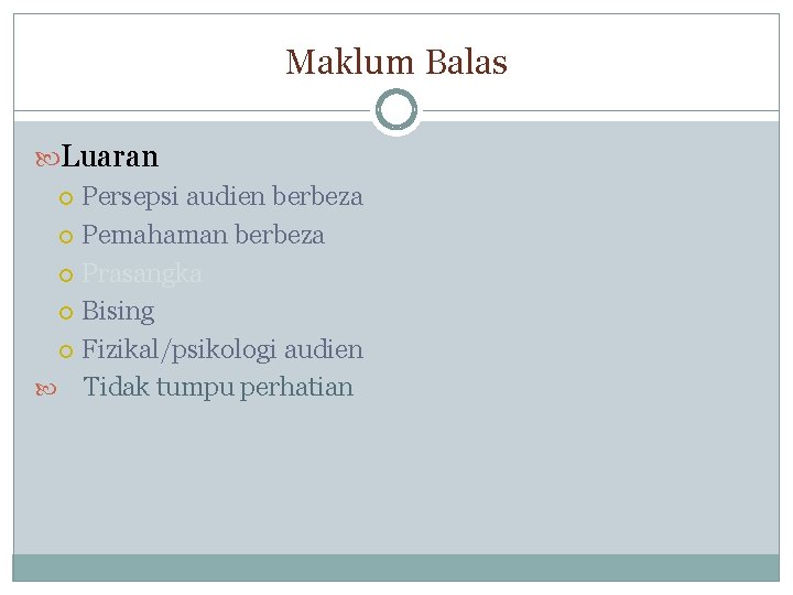 Maklum Balas Luaran Persepsi audien berbeza Pemahaman berbeza Prasangka Bising Fizikal/psikologi audien Tidak tumpu Maklum Balas Luaran Persepsi audien berbeza Pemahaman berbeza Prasangka Bising Fizikal/psikologi audien Tidak tumpu