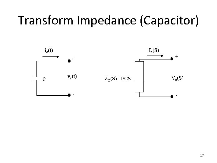 Transform Impedance (Capacitor) ic(t) Ic(S) + vc(t) - ZC(S)=1/CS + Vc(S) - 17 