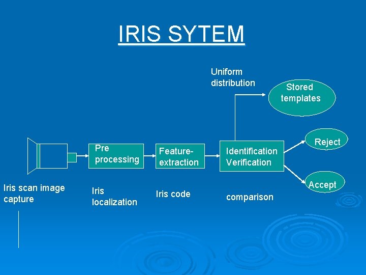 IRIS SYTEM Uniform distribution Pre processing Iris scan image capture Iris localization Featureextraction Iris