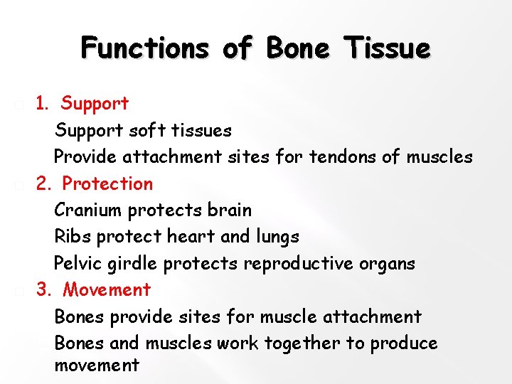 Functions of Bone Tissue � � � 1. Support � Support soft tissues �