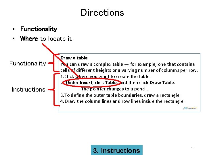 Directions • Functionality • Where to locate it Functionality Instructions Draw a table You