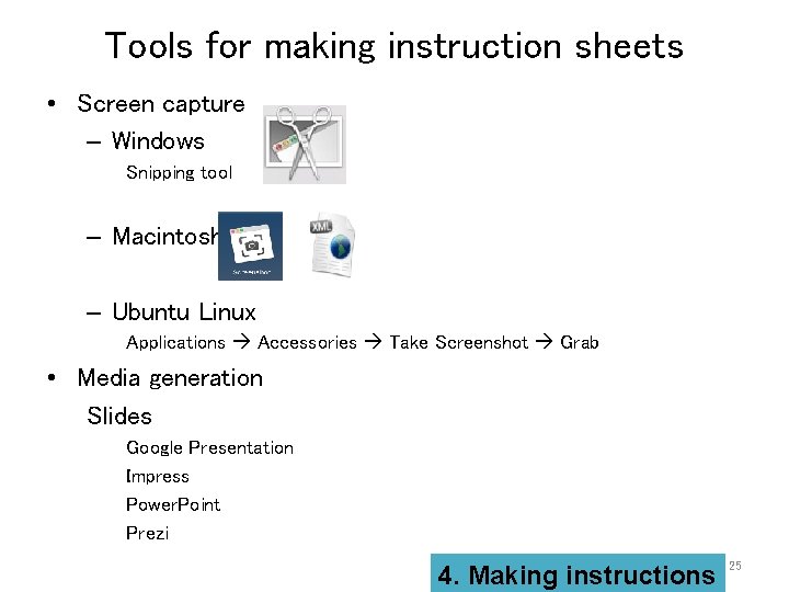 Tools for making instruction sheets • Screen capture – Windows Snipping tool – Macintosh