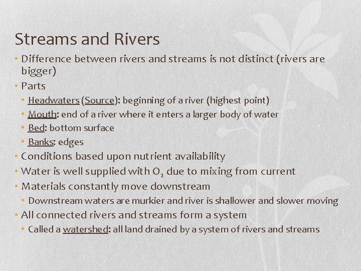 Streams and Rivers • Difference between rivers and streams is not distinct (rivers are