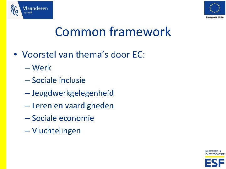 Common framework • Voorstel van thema’s door EC: – Werk – Sociale inclusie –