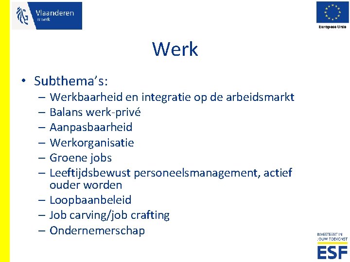 Werk • Subthema’s: – Werkbaarheid en integratie op de arbeidsmarkt – Balans werk-privé –