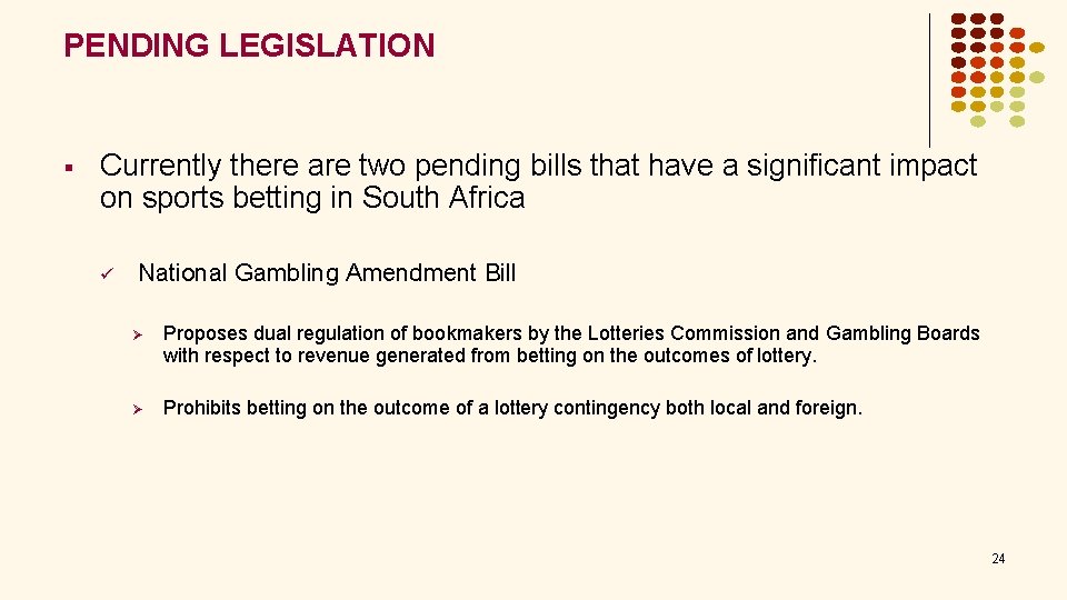 PENDING LEGISLATION § Currently there are two pending bills that have a significant impact