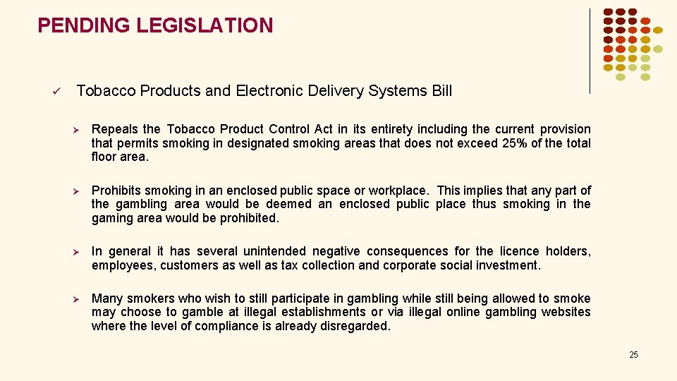 PENDING LEGISLATION ü Tobacco Products and Electronic Delivery Systems Bill Ø Repeals the Tobacco