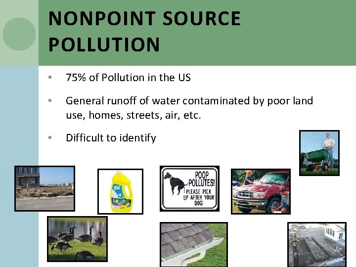 NONPOINT SOURCE POLLUTION • 75% of Pollution in the US • General runoff of