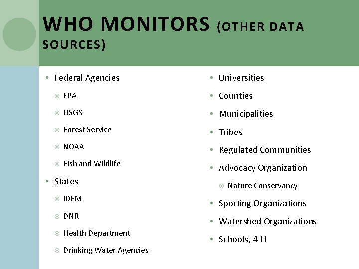 WHO MONITORS (OTHER DATA SOURCES) • Federal Agencies • Universities EPA • Counties USGS