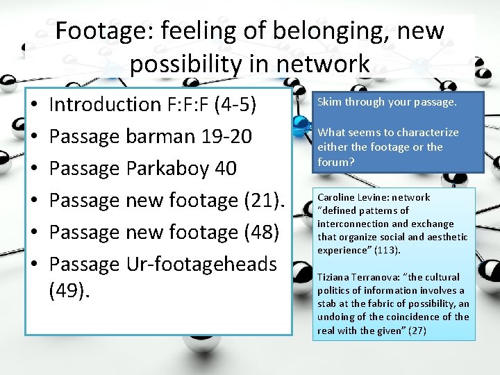 Footage: feeling of belonging, new possibility in network • • • Introduction F: F: