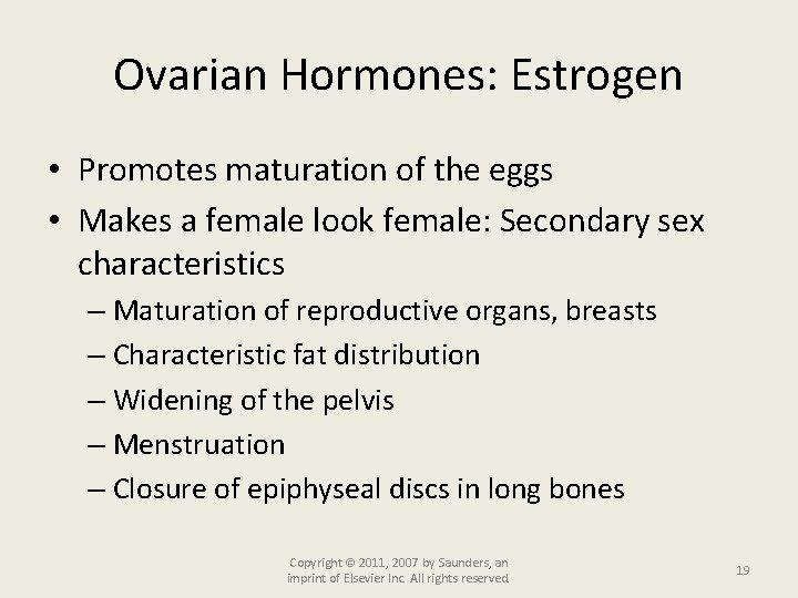 Ovarian Hormones: Estrogen • Promotes maturation of the eggs • Makes a female look