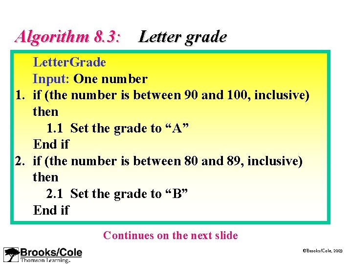 Algorithm 8. 3: Letter grade Letter. Grade Input: One number 1. if (the number