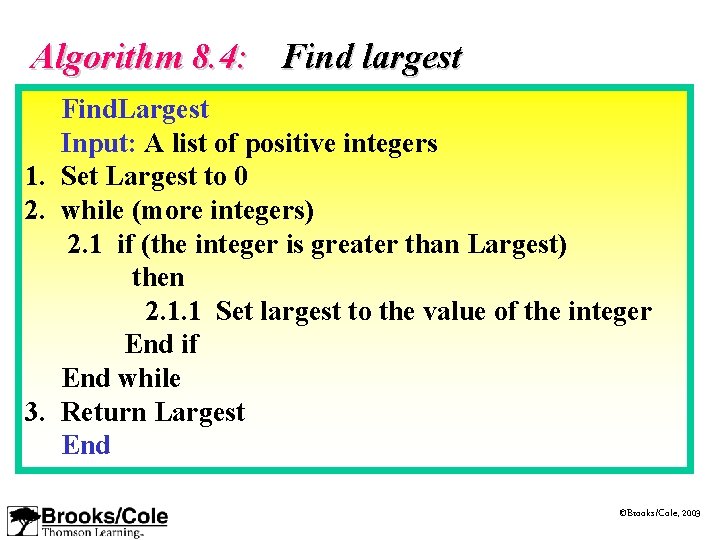 Algorithm 8. 4: Find largest Find. Largest Input: A list of positive integers 1.