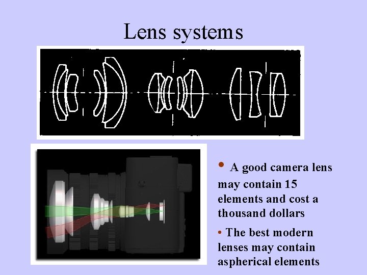 Lens systems • A good camera lens may contain 15 elements and cost a