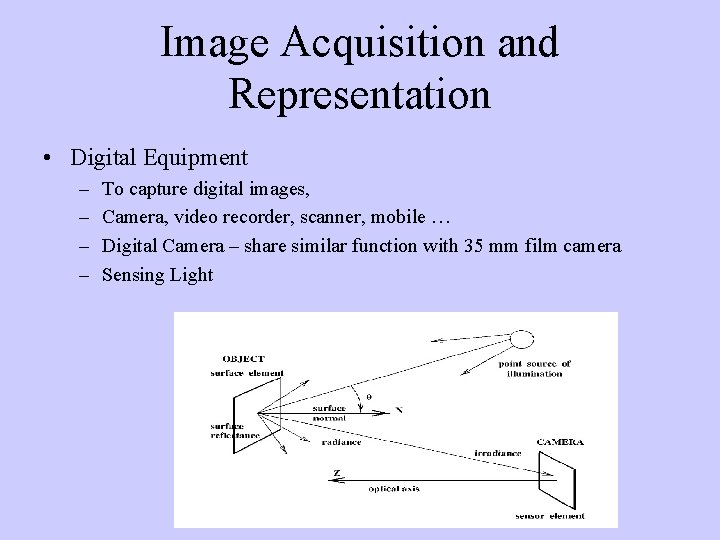 Image Acquisition and Representation • Digital Equipment – – To capture digital images, Camera,